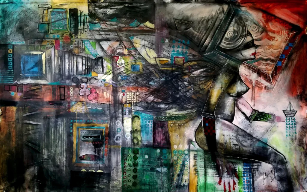 Figurative Expressionist Art - La Choco and her people - Mixed media on canvas - 1.50m x 2.30m - 2019