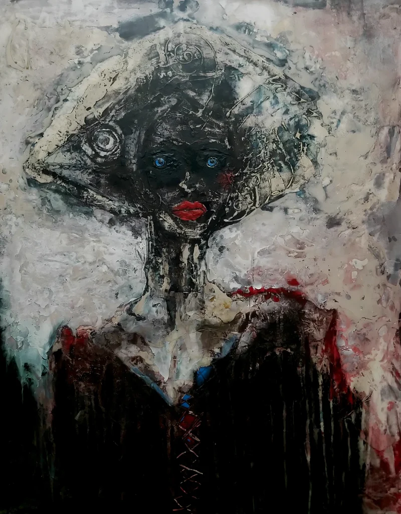 Figurative Expressionist Art - Rositas and her ache - Mixed media on canvas - 1.00m x 1.20m - 2019